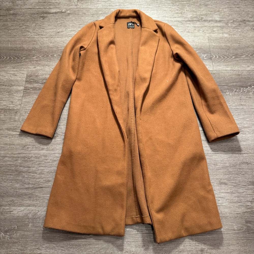 Zara Long Coat Womens S Camel Brown Knit Minimalist Chic Outerwear professional